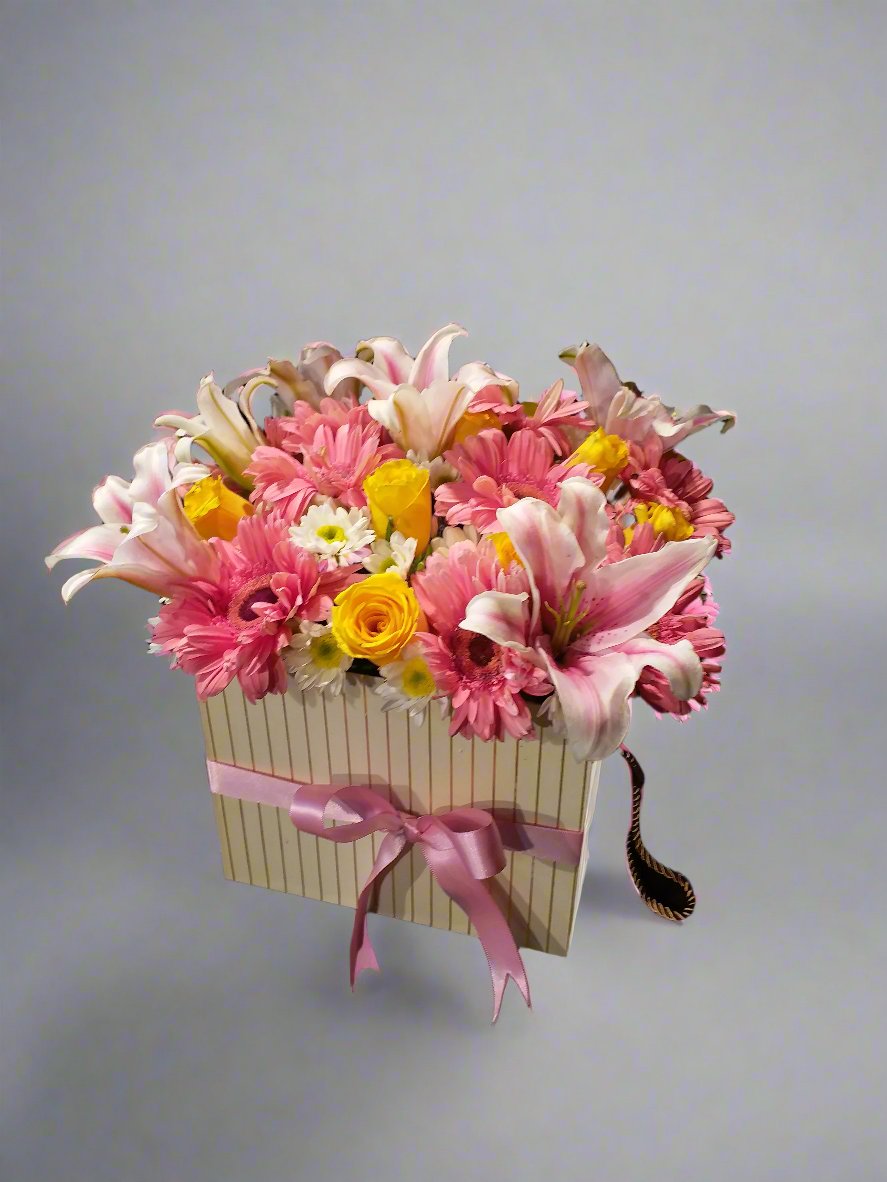 Floral Box with Pink Lilies & Yellow Roses
