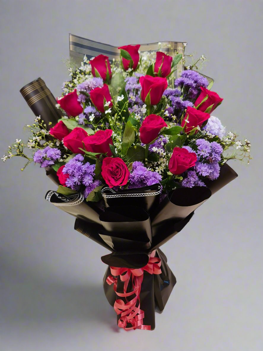 Passionate Red Roses and Purple Daisies