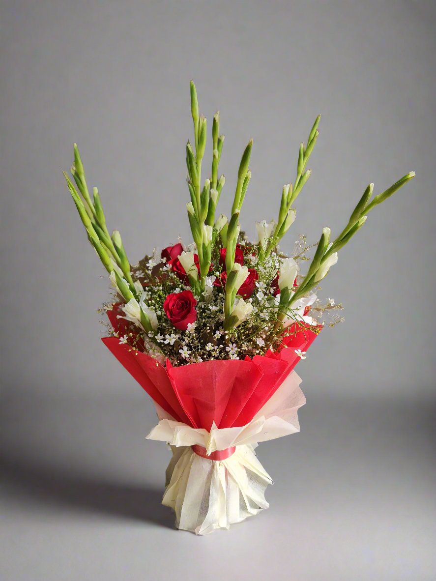 White Gladiolus & Red Roses