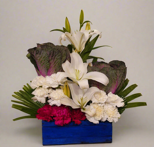 White Lilies & Carnations in a Blue Box