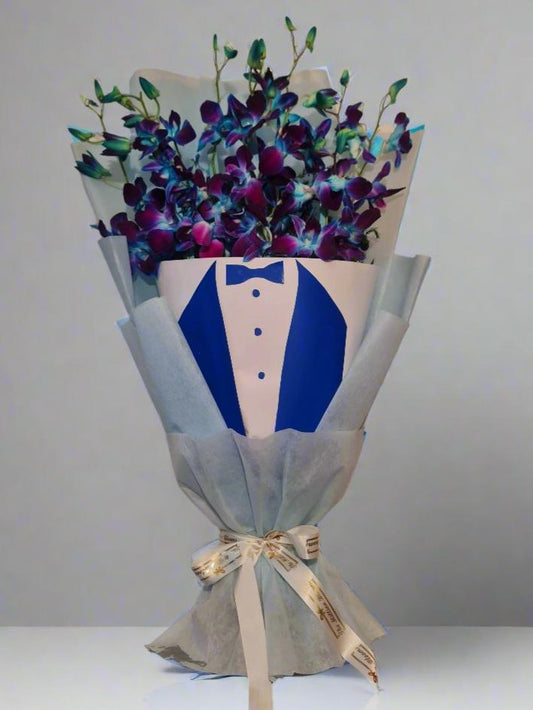 Stylish Orchid Bouquet in Tuxedo Wrap