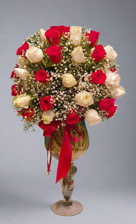 Vibrant Standing Bouquet of Red and peach Roses
